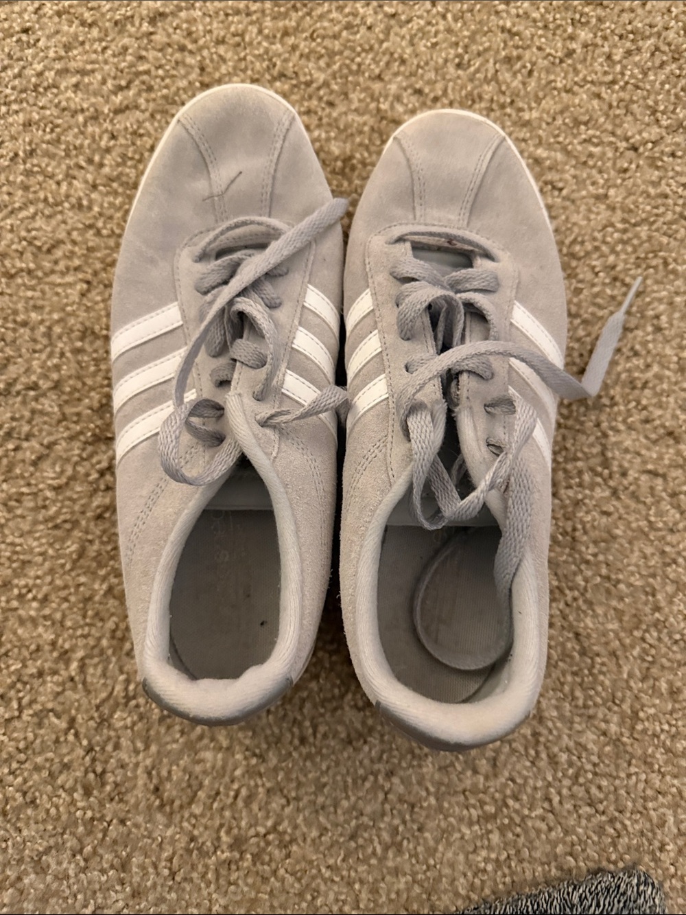 adidas Women's Light Gray Suede Sneakers with White Stripes